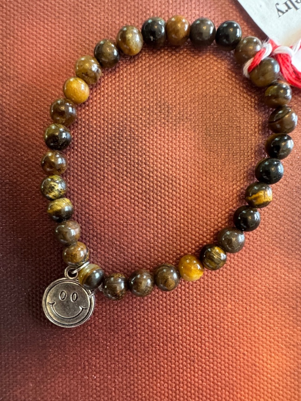 Tiger Eye Beaded Stretch Bracelet with Smile Charm - Brown/Gold